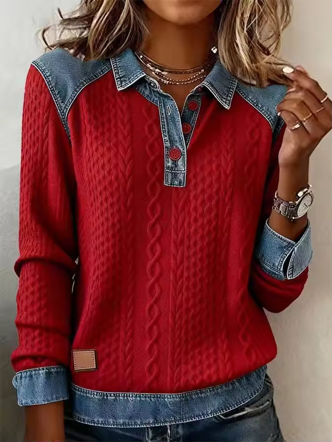 Emma Red patchwork shirt with contrasting denim-style collar, partial button placket, long sleeves, and relaxed fit