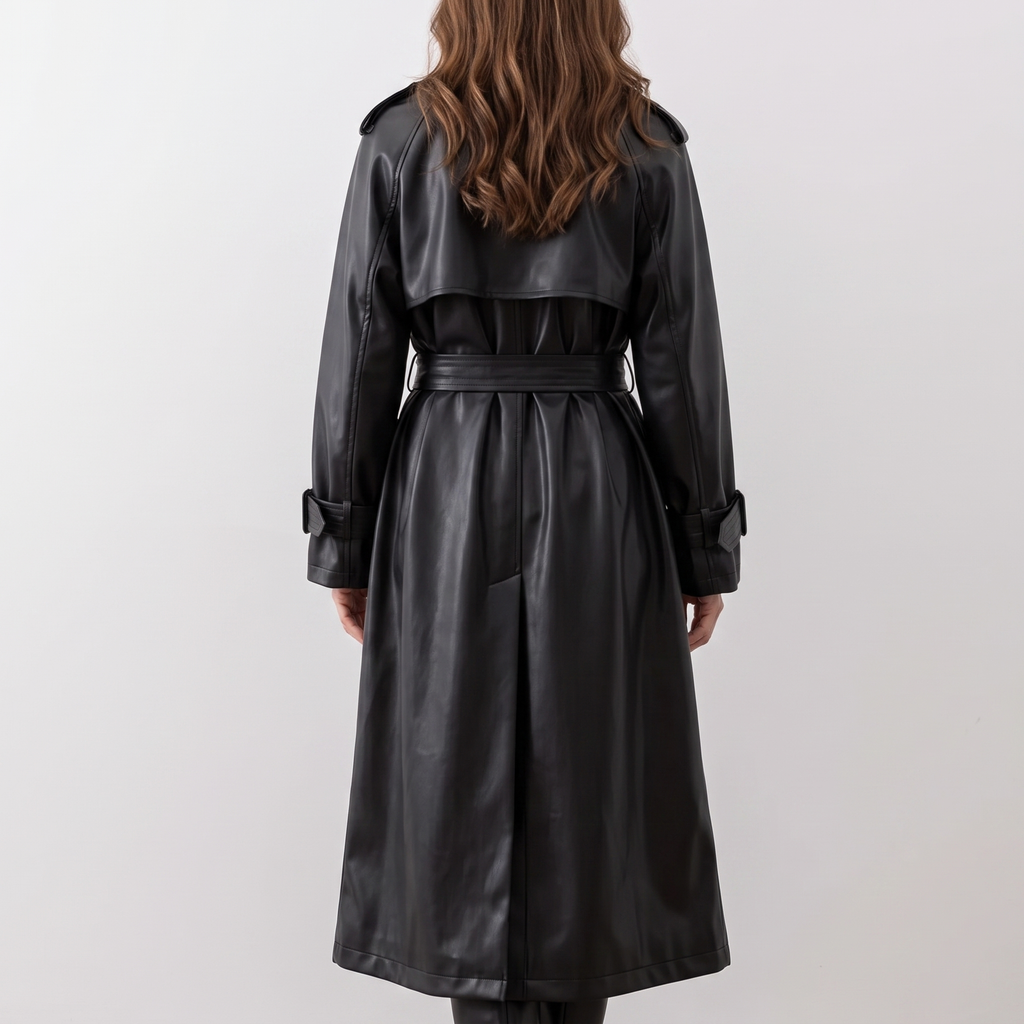 Back view of the Emma Trench Coat Faux-Leather Belted in black, featuring a tied waist belt, long sleeves, structured back construction, and knee-length silhouette. Designed by Bella Hudson.