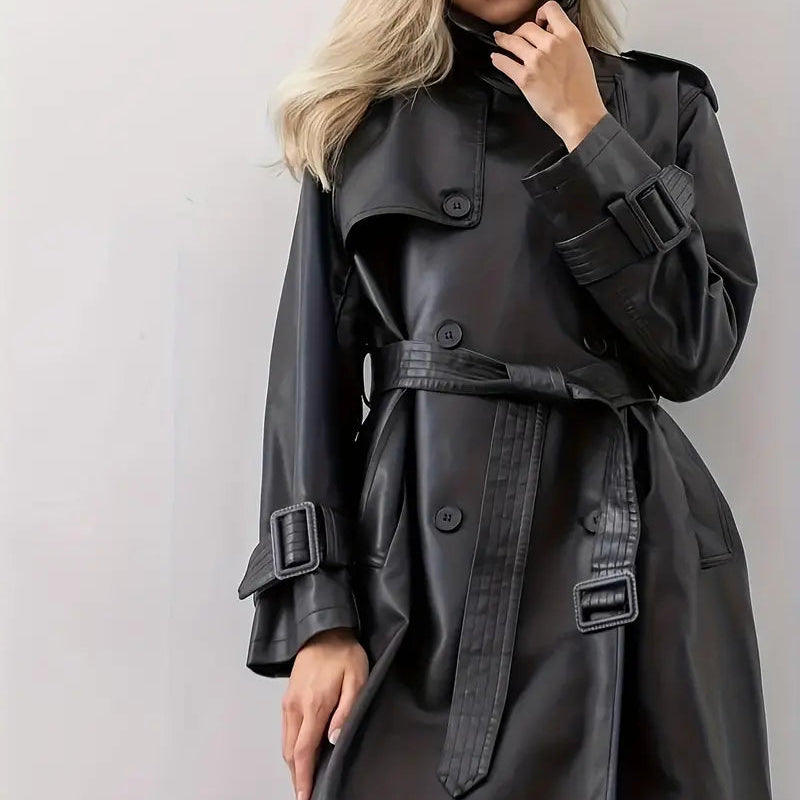Close-up collar detail of the Emma Trench Coat Faux-Leather Belted in black, showcasing the wide notched lapels, double-breasted front, sleeve strap detail, and glossy faux-leather texture. Designed by Bella Hudson.
