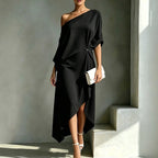 Emmeline one-shoulder draped knot midi dress, view 3