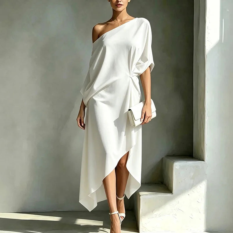 Emmeline one-shoulder draped knot midi dress, view 4