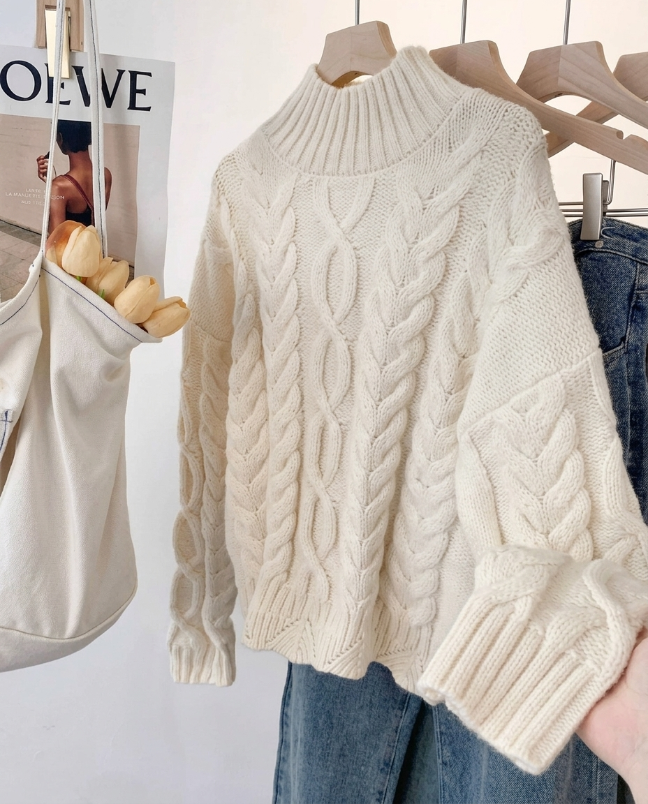 Product view of the Esme women's cable-knit pullover sweater in beige, featuring a textured braided knit design, high ribbed neckline, long batwing sleeves and a comfortable relaxed silhouette.