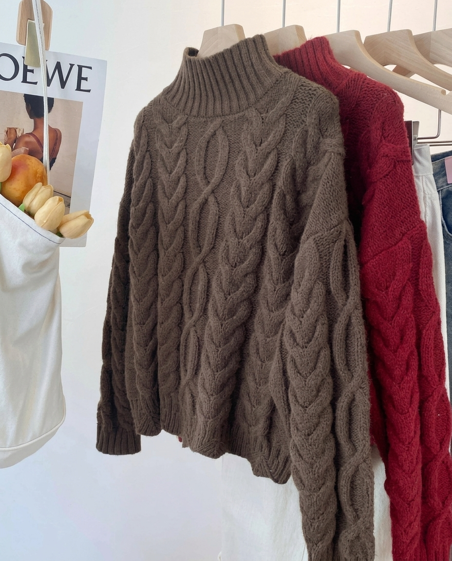 Product view of the Esme women's cable-knit pullover sweater in brown, featuring a chunky braided knit pattern, high ribbed neckline, long sleeves and relaxed fit.