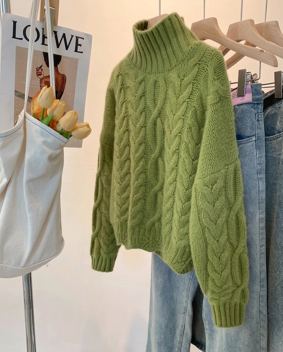 Product view of the Esme women's cable-knit pullover sweater in green, featuring a high ribbed neckline, distinctive cable-knit texture, relaxed batwing sleeves and ribbed cuffs.