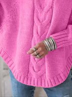 Esme Pink cable-knit pullover sweater with braided front pattern, batwing sleeves, and ribbed hem