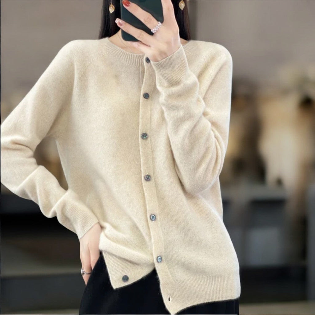 Eulalie Crew Neck Button-Front Cardigan, Beige