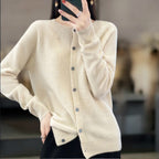 Eulalie Crew Neck Button-Front Cardigan, Beige