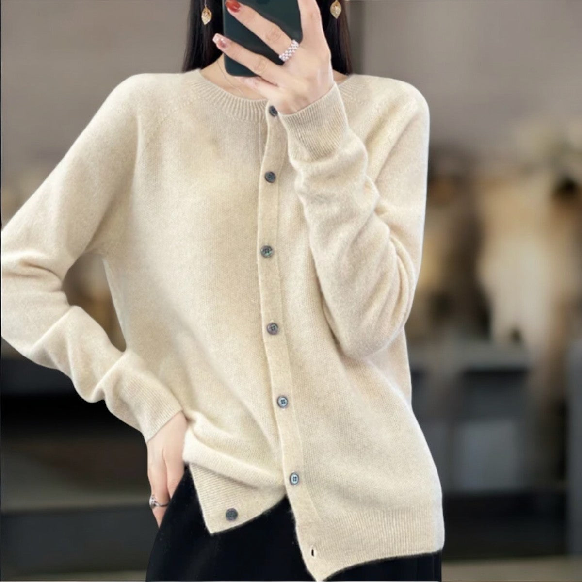 Eulalie Crew Neck Button-Front Cardigan, Beige
