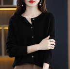 Eulalie Crew Neck Button-Front Cardigan, Black