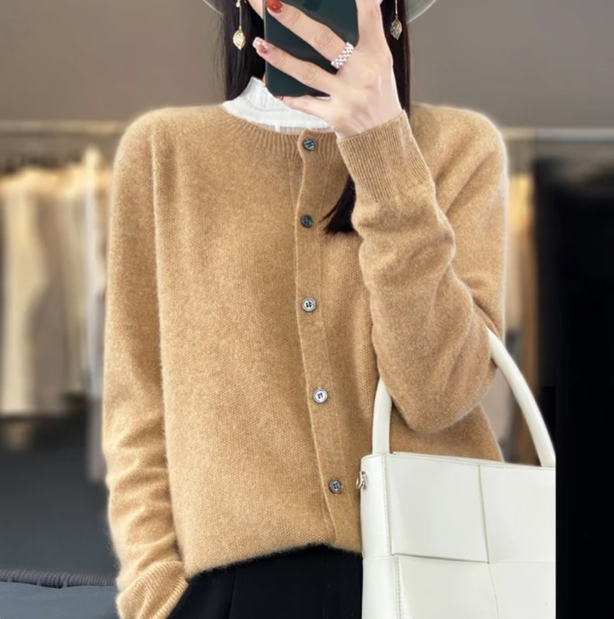 Eulalie Crew Neck Button-Front Cardigan, Brown
