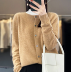 Eulalie Crew Neck Button-Front Cardigan, Brown