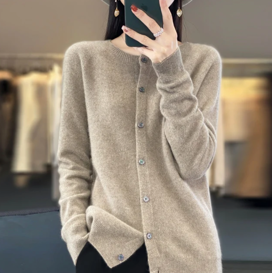 Eulalie Crew Neck Button-Front Cardigan, Khaki