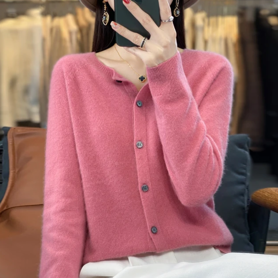 Eulalie Crew Neck Button-Front Cardigan, Pink