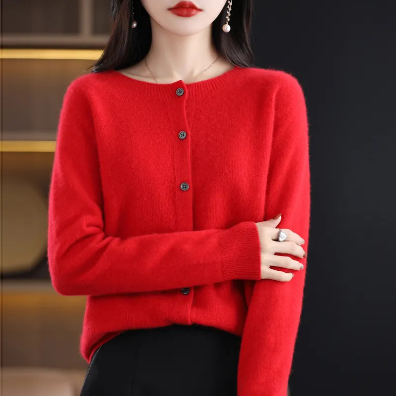Eulalie Crew Neck Button-Front Cardigan, Red
