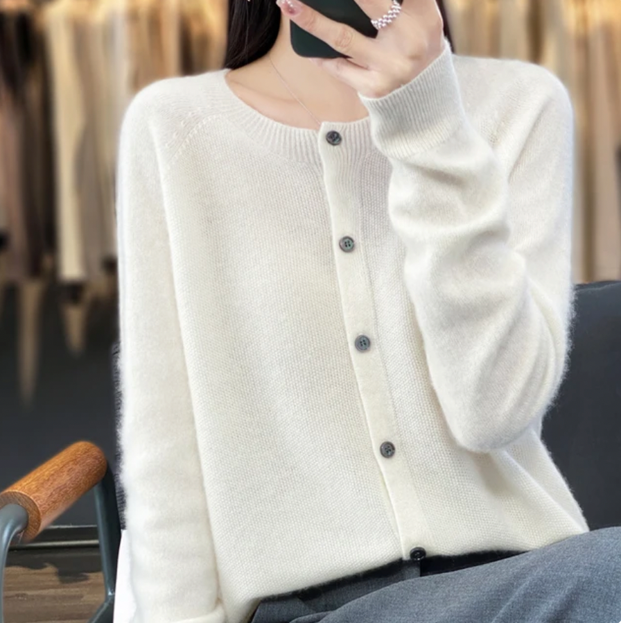 Eulalie Crew Neck Button-Front Cardigan, White