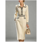 Evelyn Beige collared midi dress featuring contrast piping, decorative front pockets, and a defined waist