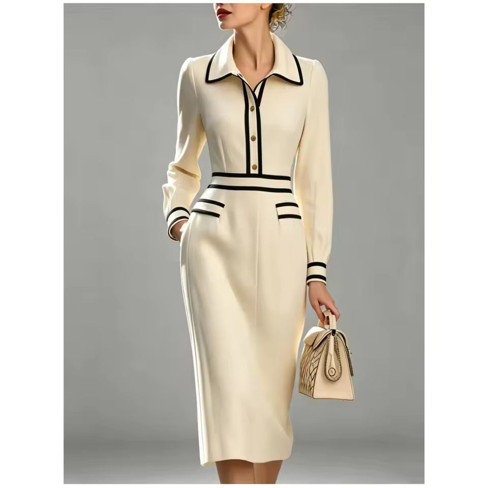 Evelyn Beige collared midi dress featuring contrast piping, decorative front pockets, and a defined waist