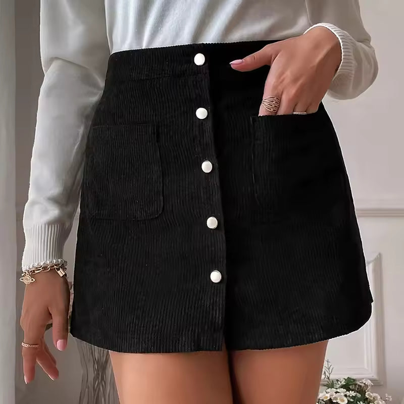 Evelyn Black corduroy mini skirt with button-front closure and patch pockets