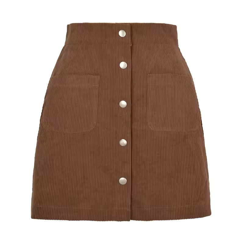 Evelyn Brown corduroy mini skirt with high waist and button-front design