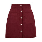 Evelyn Burgundy corduroy mini skirt with button-front closure and patch pockets