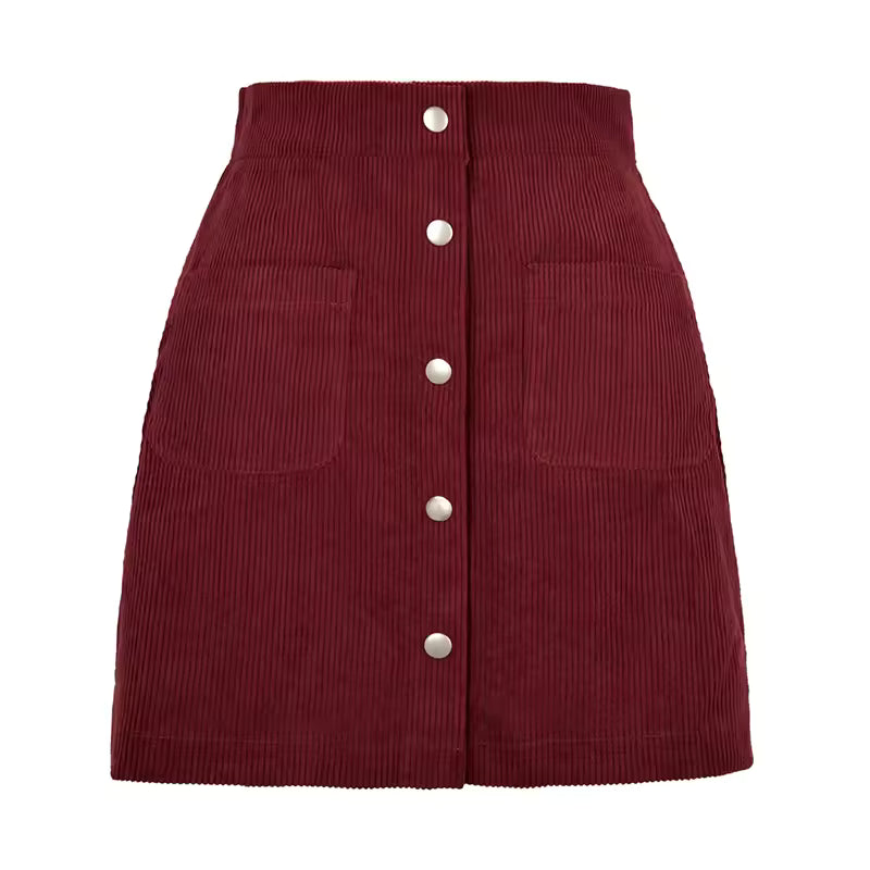 Evelyn Burgundy corduroy mini skirt with button-front closure and patch pockets