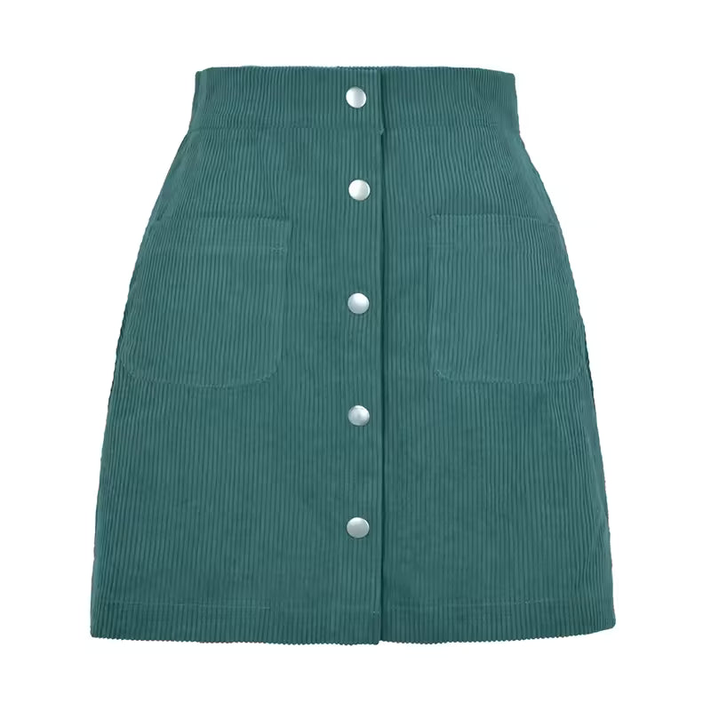 Evelyn Green corduroy mini skirt with high waist and button-front design