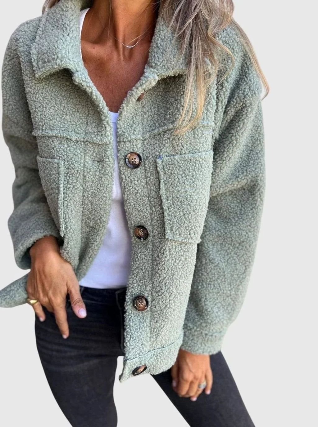 Evelyn Yellow teddy-fleece jacket featuring a wide lapel collar, button-front closure, relaxed fit, and front pockets