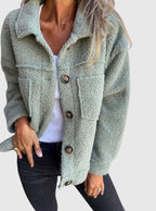Evelyn Yellow teddy-fleece jacket featuring a wide lapel collar, button-front closure, relaxed fit, and front pockets