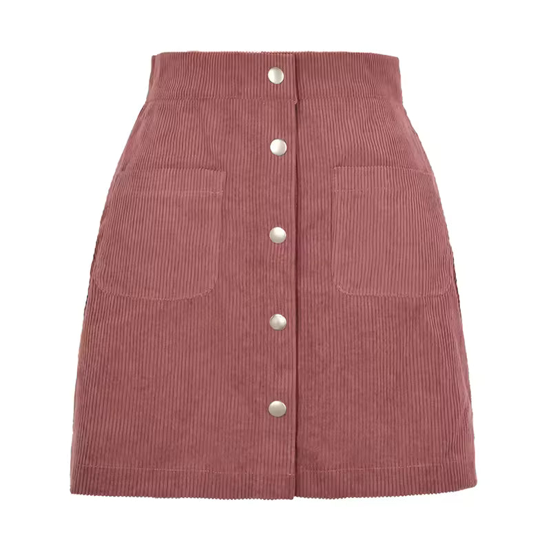 Evelyn Pink corduroy mini skirt with button-front closure and patch pockets