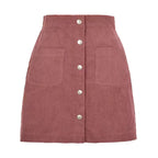 Evelyn Pink corduroy mini skirt with button-front closure and patch pockets