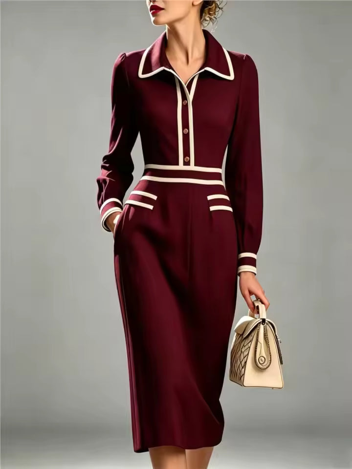 Evelyn Red collared midi dress with contrast piping, defined waist, long sleeves, and decorative pocket details