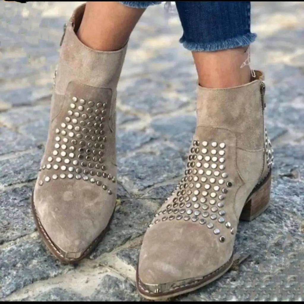 Evelyn Studded Suede Block-Heel Ankle Boots, front view