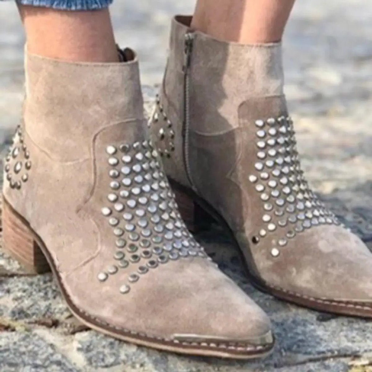 Evelyn Studded Suede Block-Heel Ankle Boots, side view