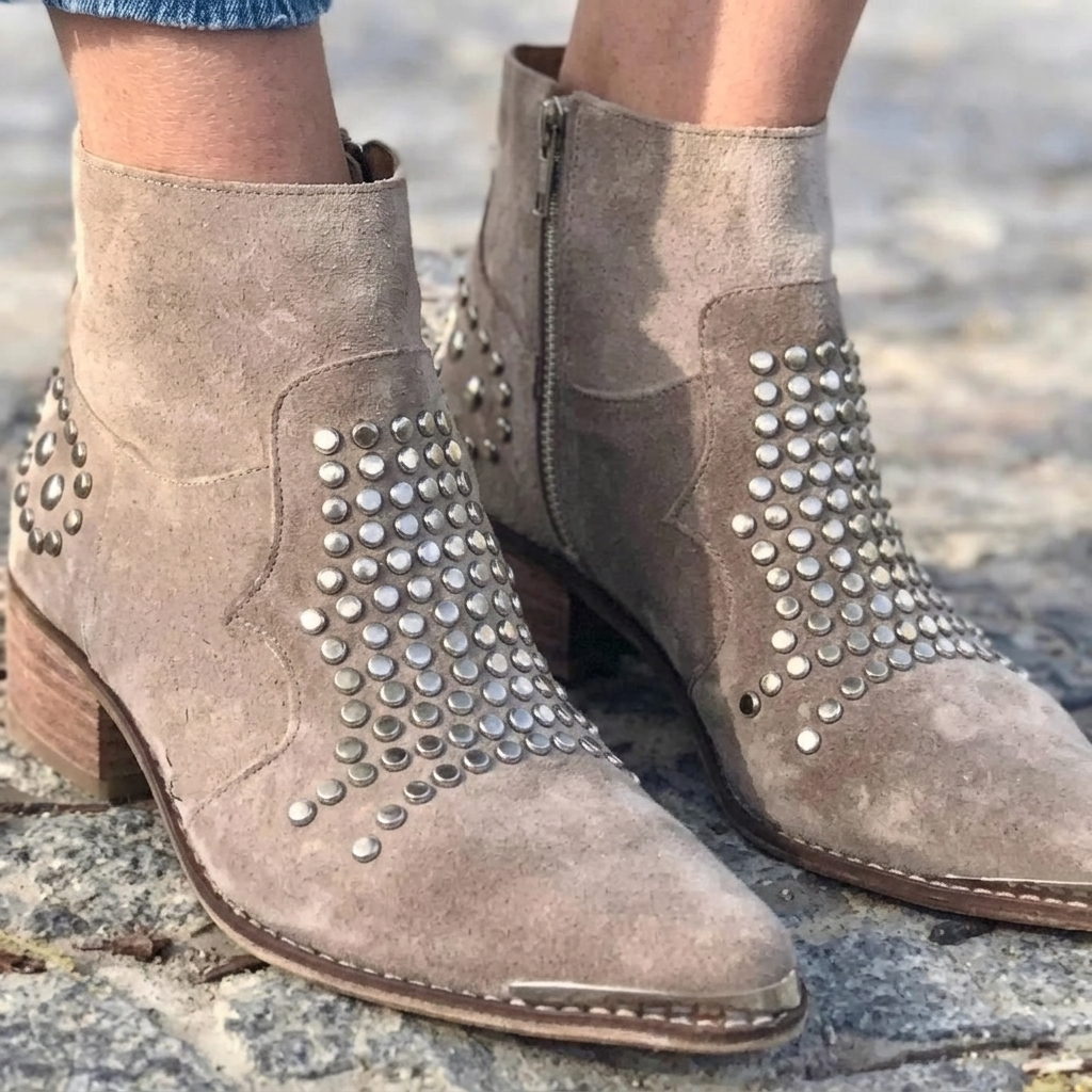 Evelyn Studded Suede Block-Heel Ankle Boots, side view
