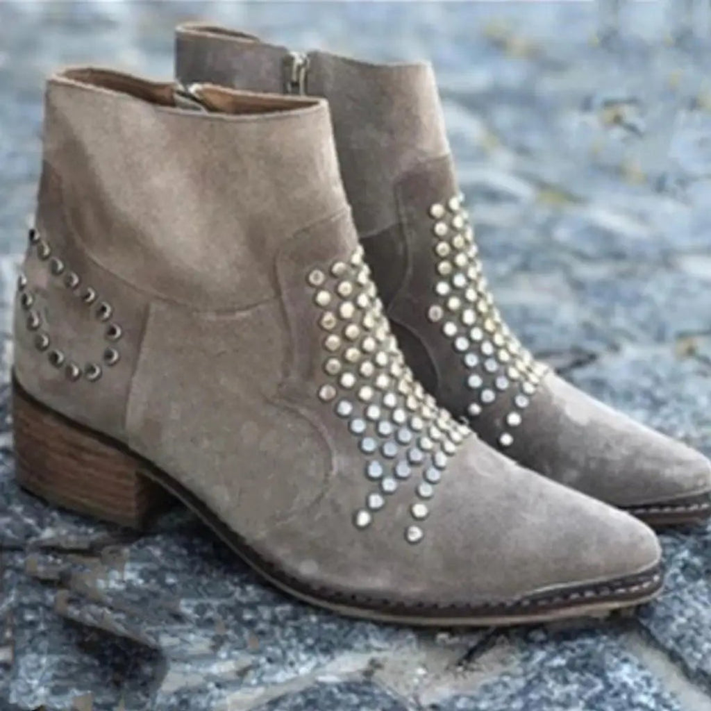 Evelyn Studded Suede Block-Heel Ankle Boots, styled view