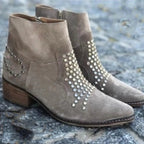 Evelyn Studded Suede Block-Heel Ankle Boots, styled view
