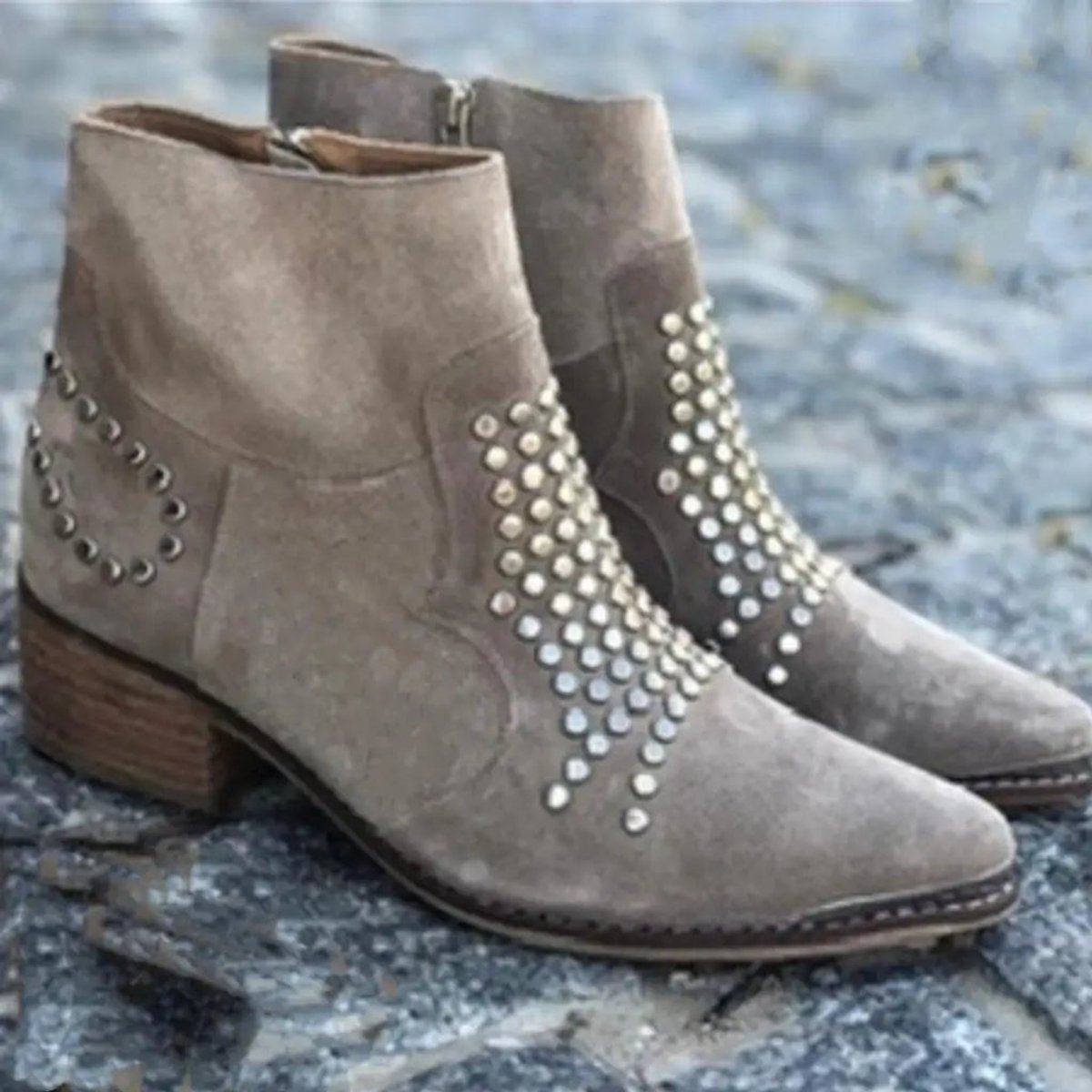 Evelyn Studded Suede Block-Heel Ankle Boots, styled view