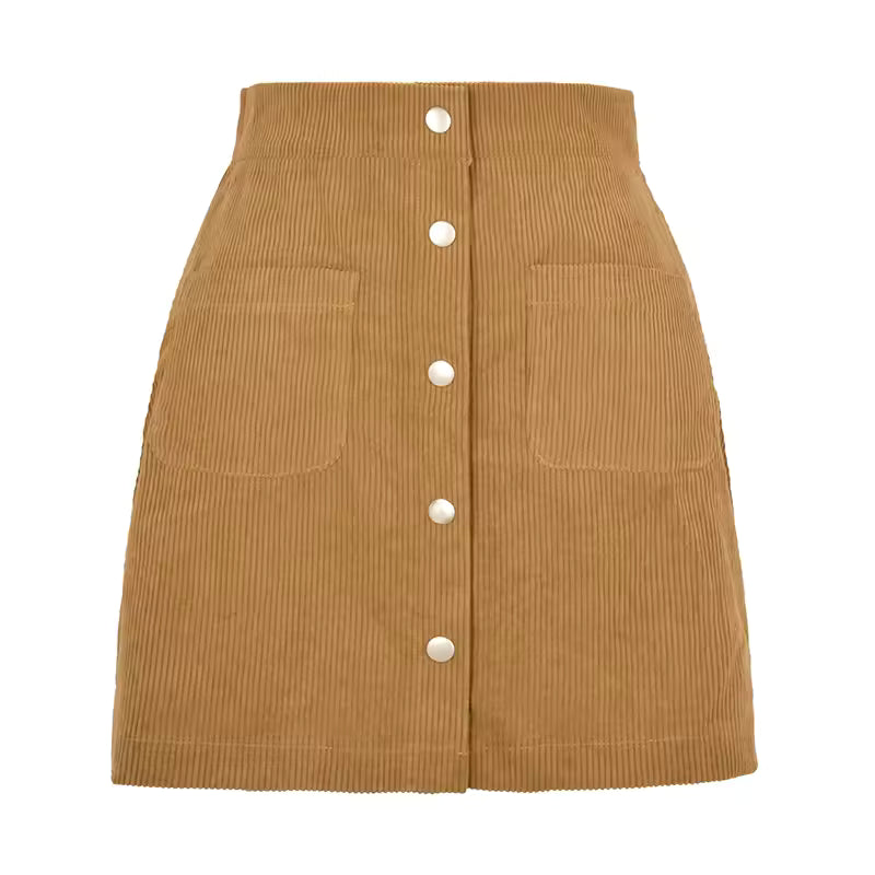 Evelyn Yellow corduroy mini skirt with high waist and button-front design