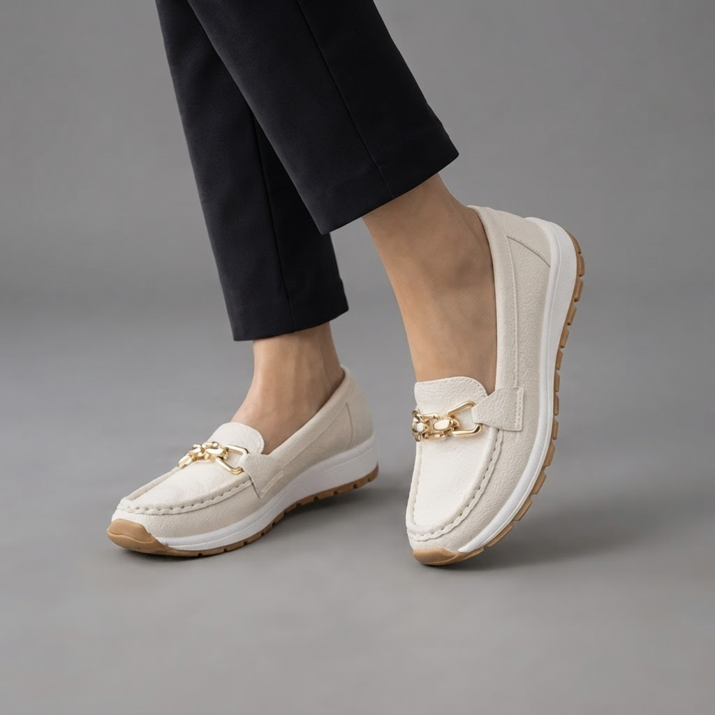 Farrah White Suede Sneaker Loafers with Gold Buckle shown in front view, featuring a slip-on design, cushioned sole, and lightweight sneaker-inspired outsole.