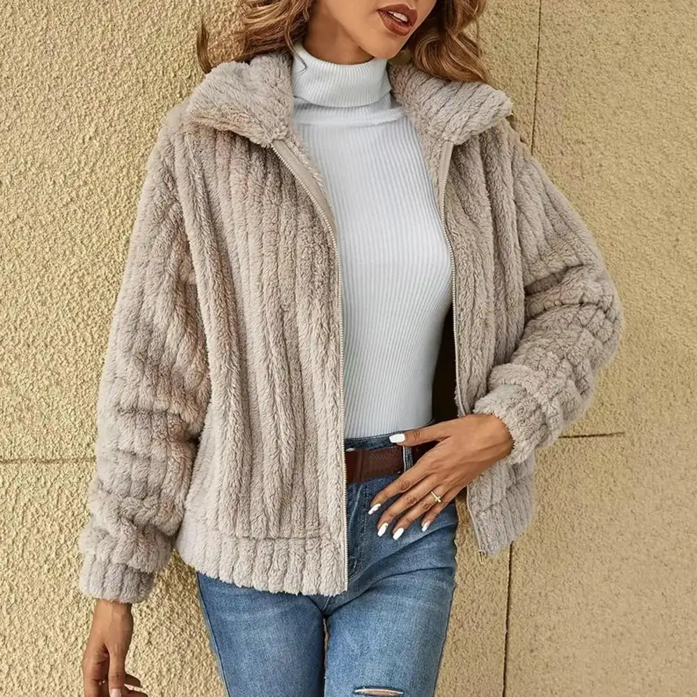 Faunette Fluffy Zip-Up Lapel Cardigan, Beige