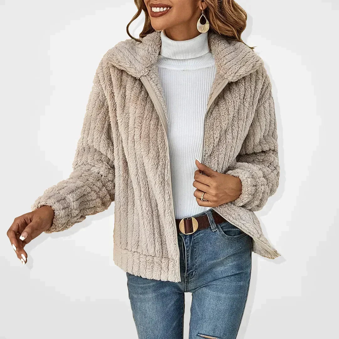 Faunette Fluffy Zip-Up Lapel Cardigan, detail view