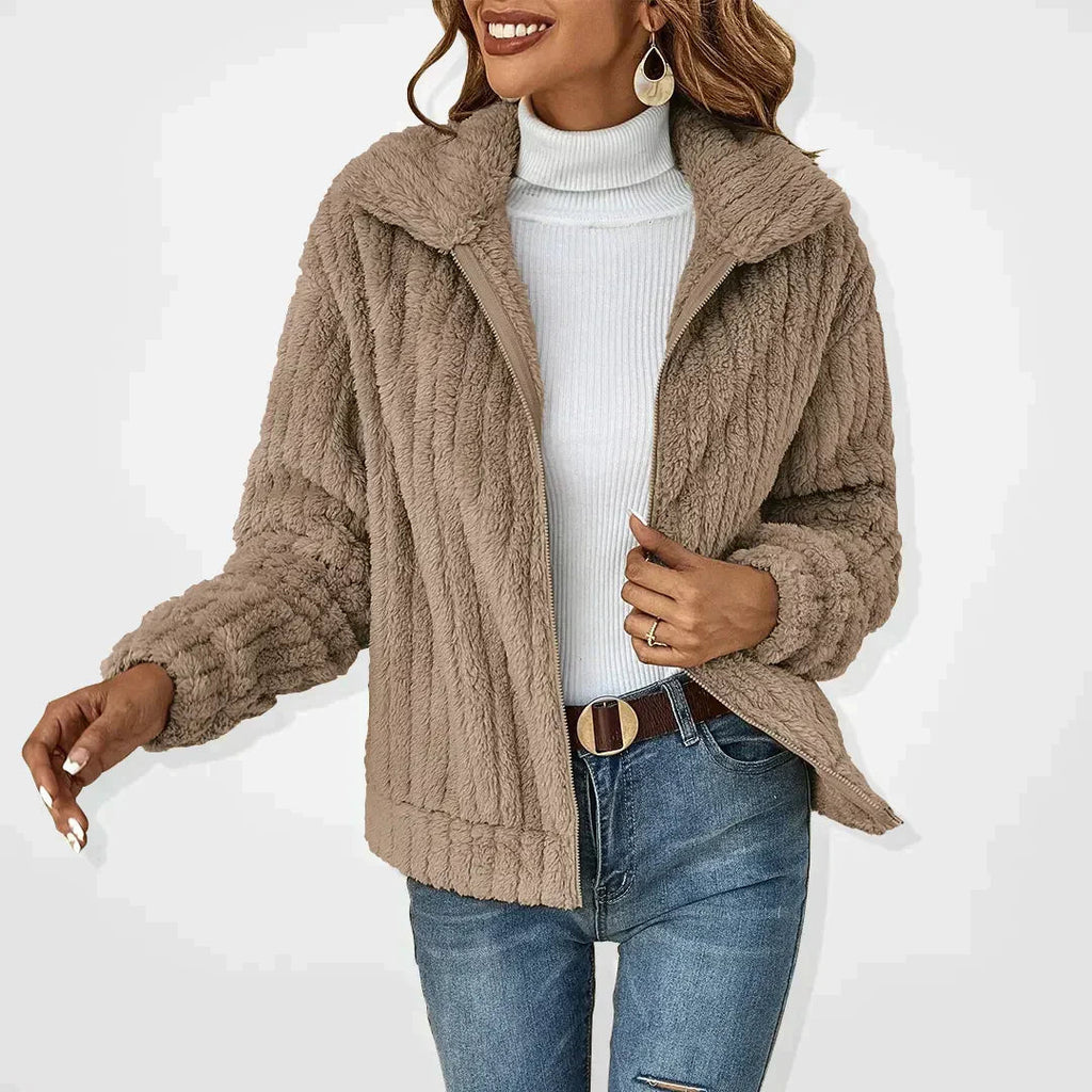 Faunette Fluffy Zip-Up Lapel Cardigan, Khaki