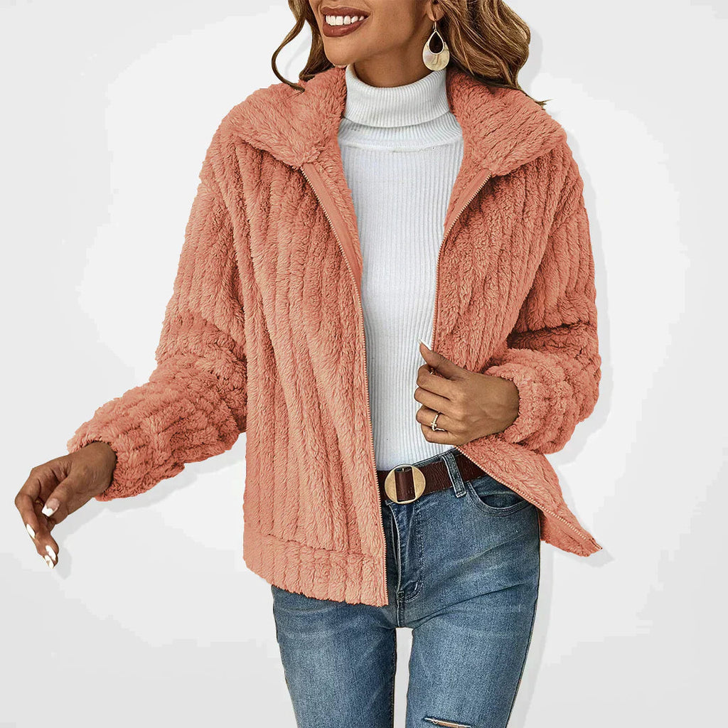 Faunette Fluffy Zip-Up Lapel Cardigan, Pink