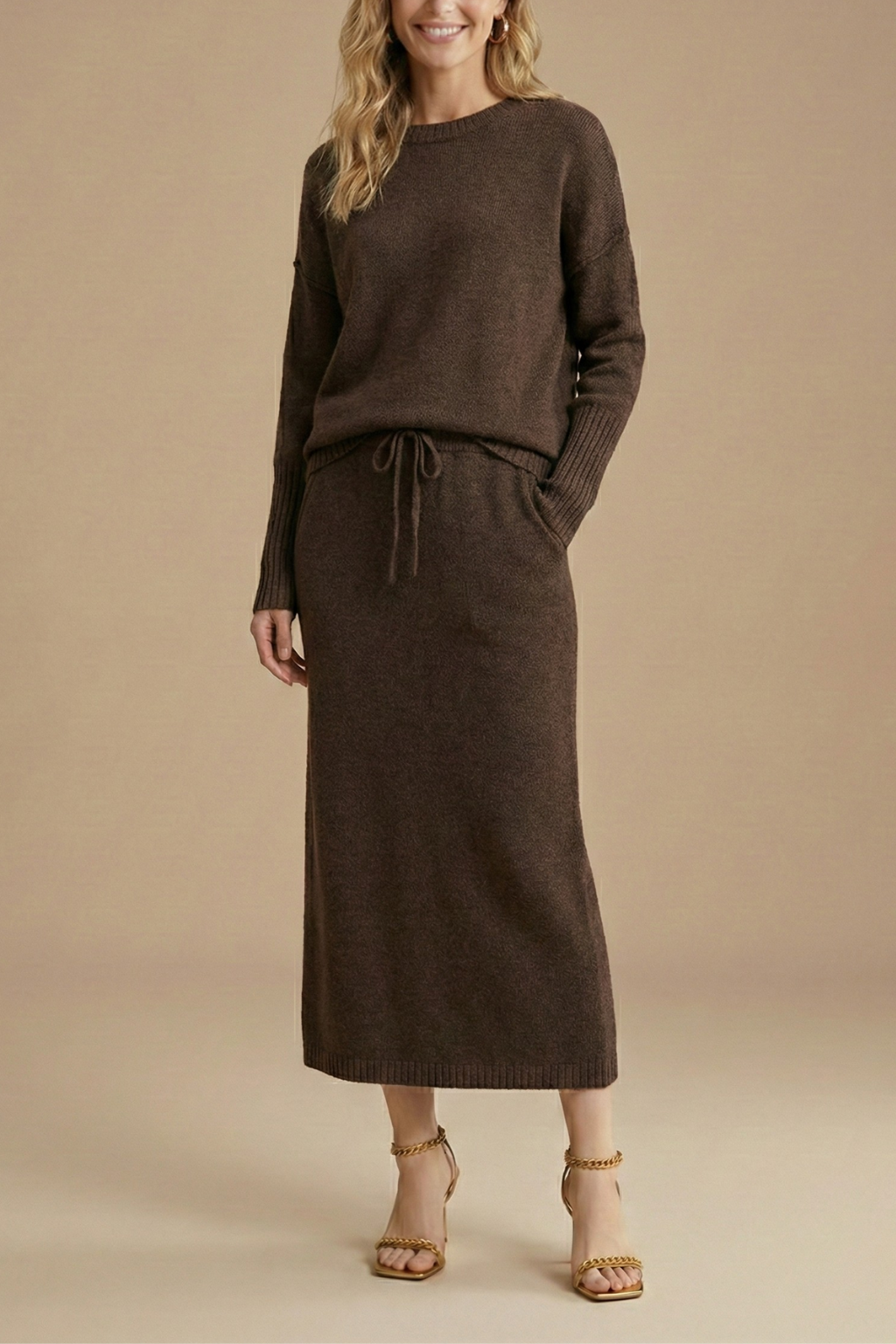 Faustine knitted midi skirt two-piece set, Coffee