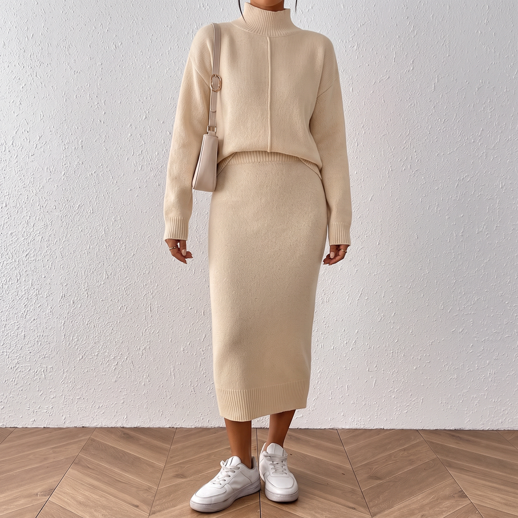 Front view of the Faustine Two-Piece Set Knitted Midi Skirt in khaki, featuring a relaxed long-sleeve knit top with a high neckline and matching straight midi skirt. Designed by Bella Hudson.