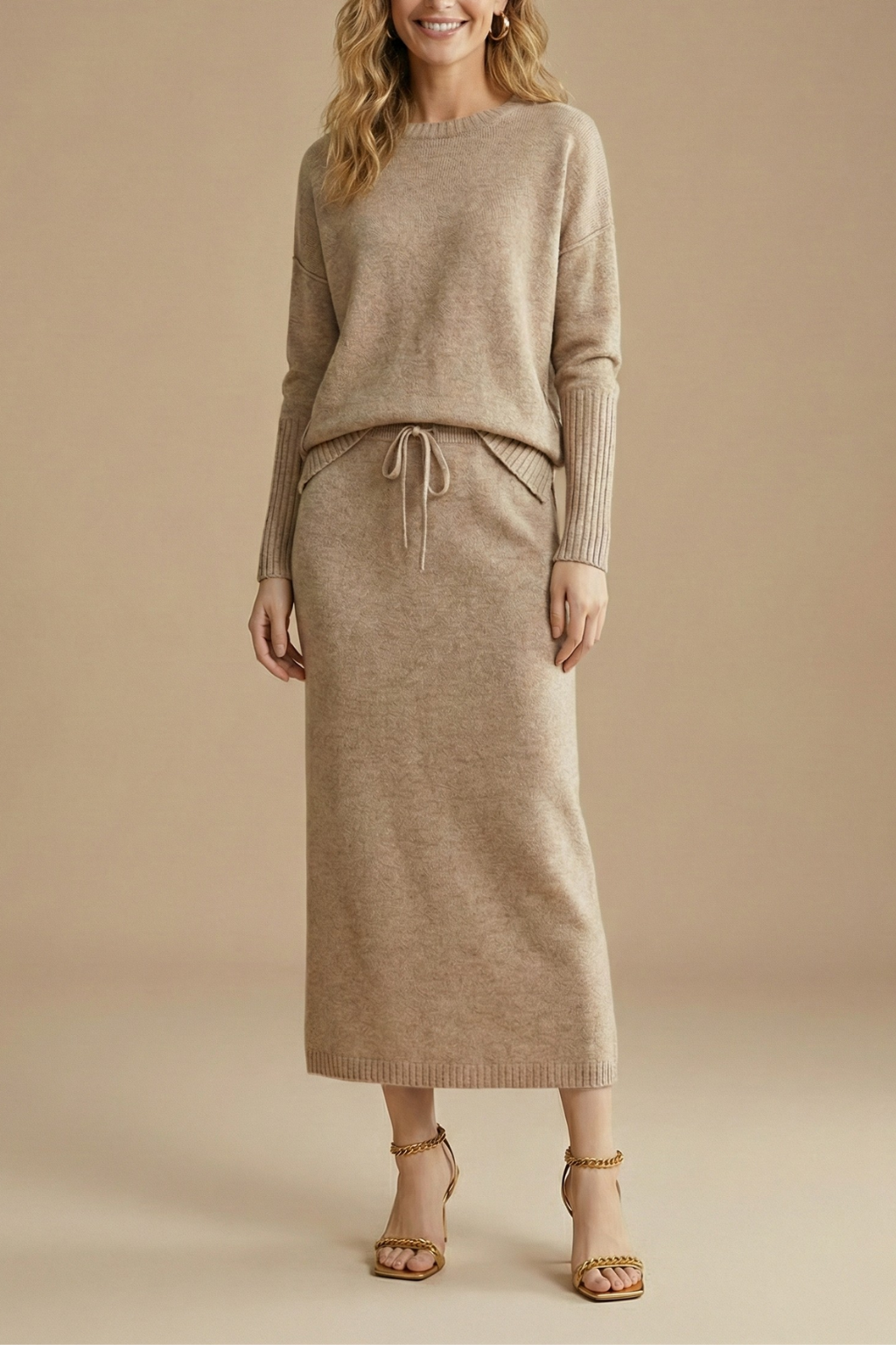 Faustine knitted midi skirt two-piece set, Khaki