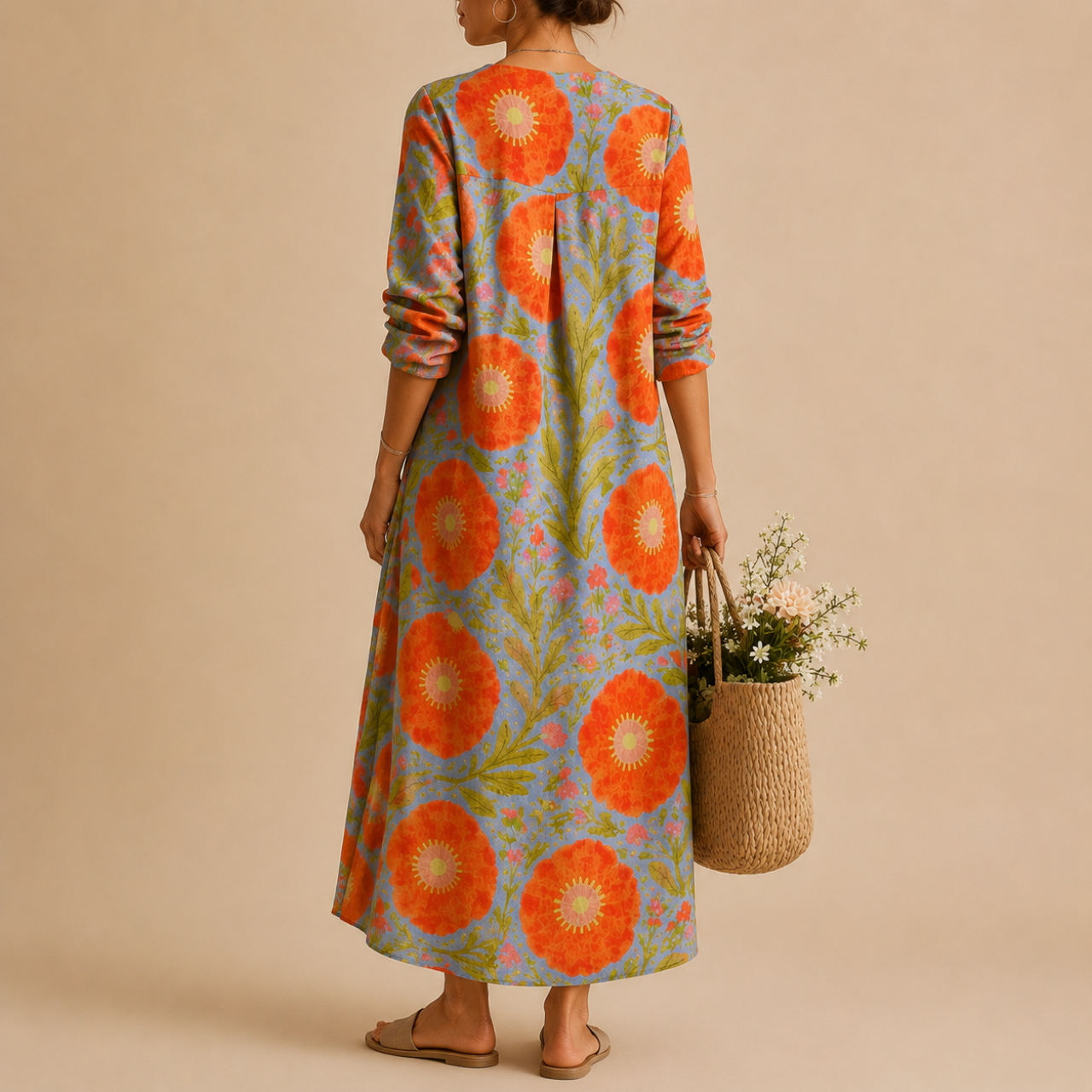 Faye Lightweight Layered Linen Midi Dress, back view featuring the flowing layered silhouette and relaxed everyday style. Designed by Bella Hudson.