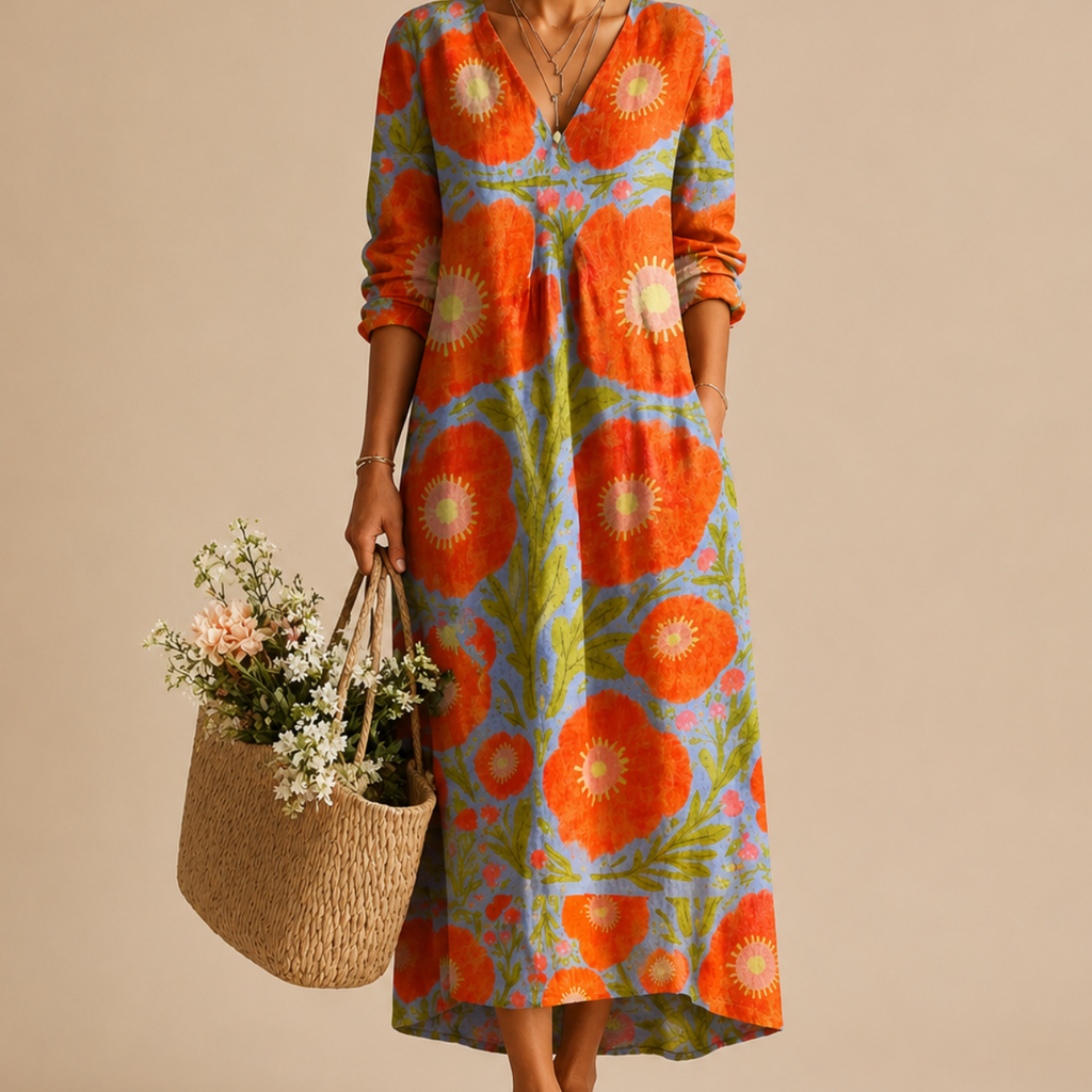 Close-up of the Faye Lightweight Layered Linen Midi Dress showcasing the soft lightweight linen fabric, layered construction, and elegant detailing. Designed by Bella Hudson.