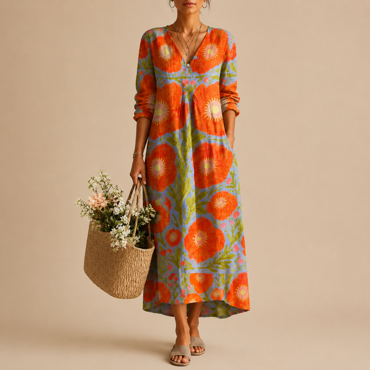 Faye Lightweight Layered Linen Midi Dress, front view highlighting the graceful layered hem, relaxed silhouette, and lightweight linen fabric. Designed by Bella Hudson.