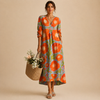Faye Lightweight Layered Linen Midi Dress, full model view featuring the elegant layered design and relaxed flowing fit. Designed by Bella Hudson.